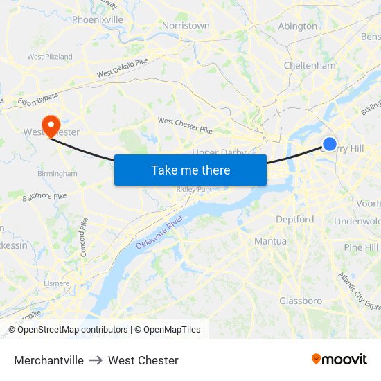 Merchantville to West Chester map