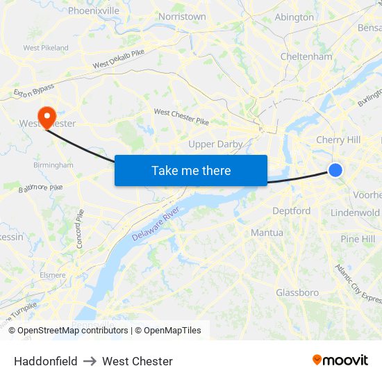 Haddonfield to West Chester map