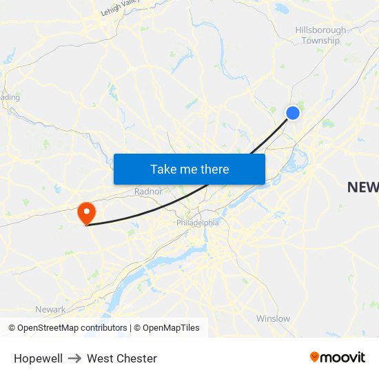 Hopewell to West Chester map
