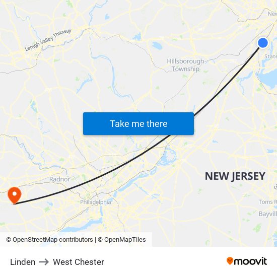 Linden to West Chester map