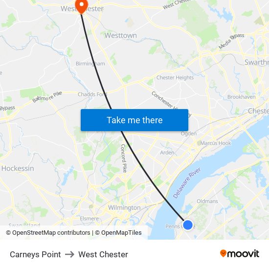 Carneys Point to West Chester map