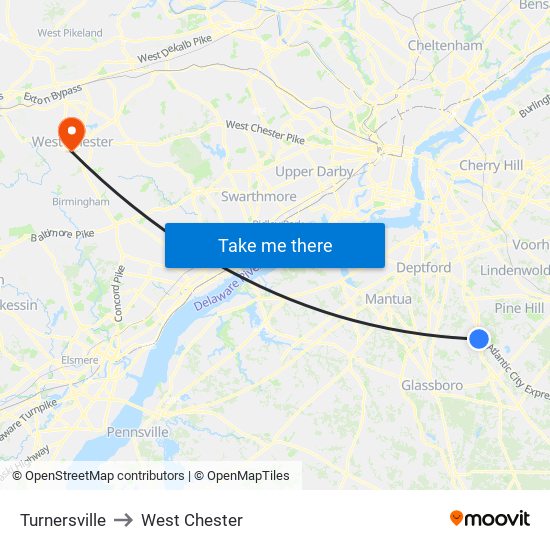 Turnersville to West Chester map