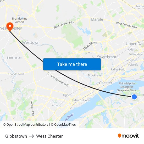 Gibbstown to West Chester map