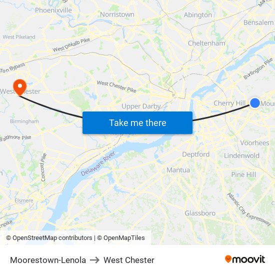 Moorestown-Lenola to West Chester map