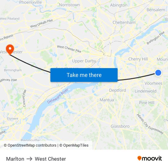 Marlton to West Chester map
