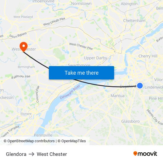 Glendora to West Chester map