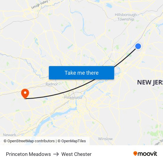 Princeton Meadows to West Chester map