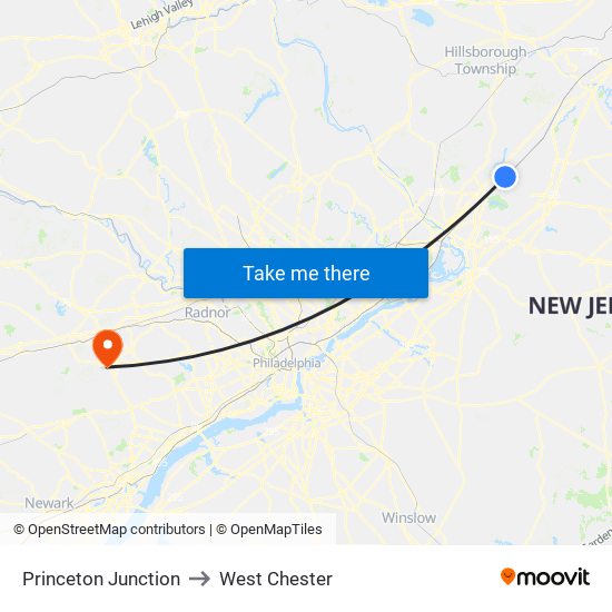 Princeton Junction to West Chester map