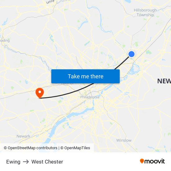 Ewing to West Chester map