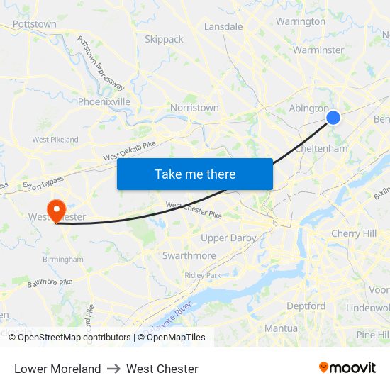 Lower Moreland to West Chester map