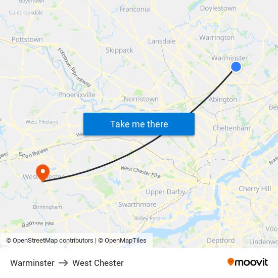 Warminster to West Chester map