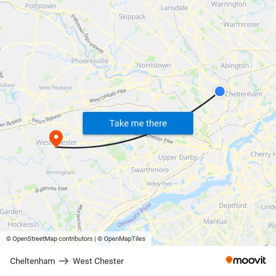 Cheltenham to West Chester map