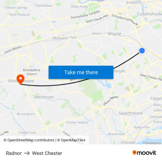 Radnor to West Chester map