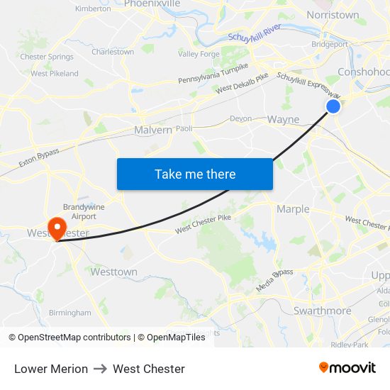 Lower Merion to West Chester map