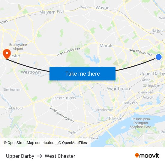 Upper Darby to West Chester map