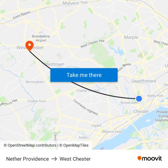 Nether Providence to West Chester map