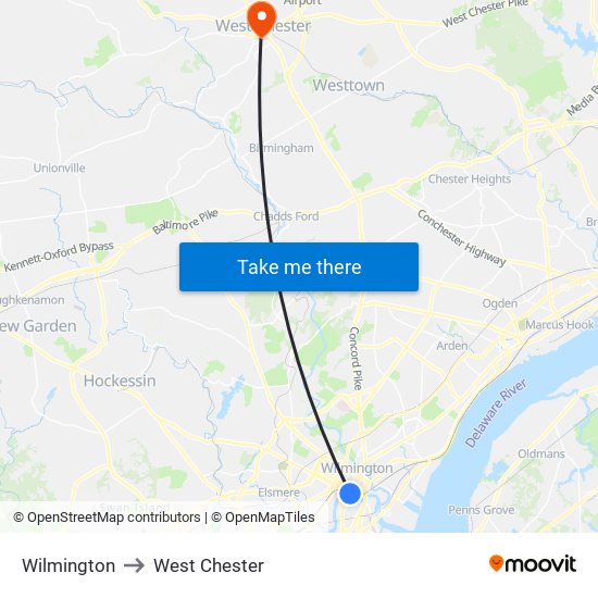 Wilmington to West Chester map
