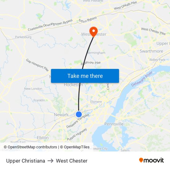 Upper Christiana to West Chester map