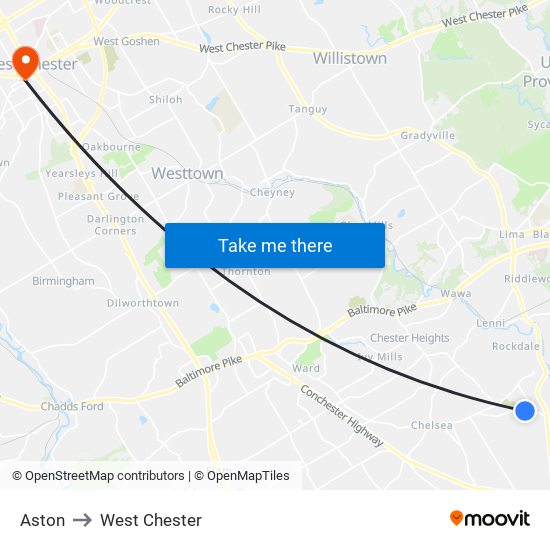 Aston to West Chester map