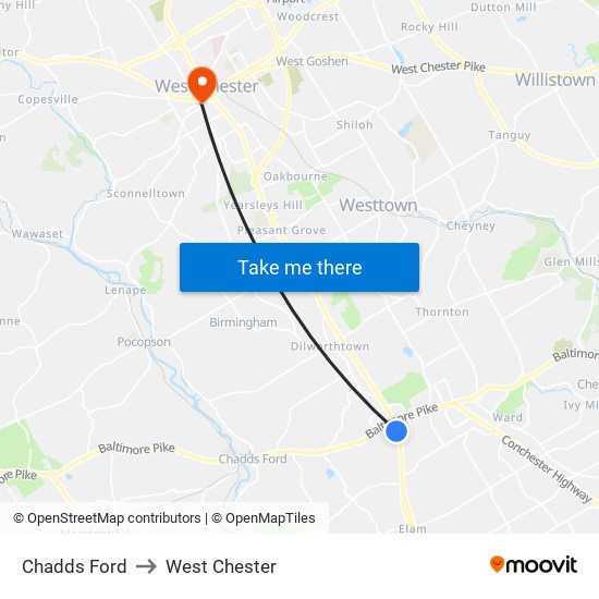 Chadds Ford to West Chester map