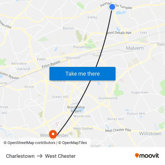 Charlestown to West Chester map