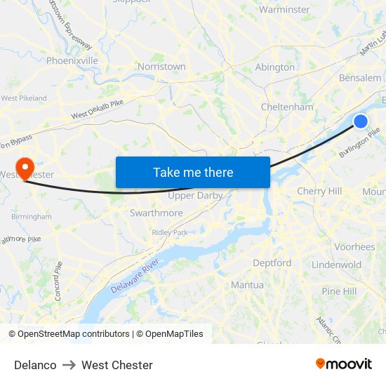 Delanco to West Chester map