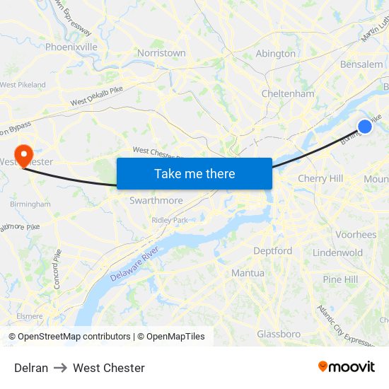 Delran to West Chester map