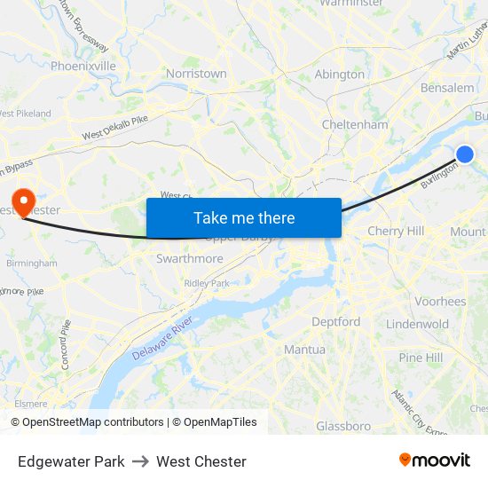 Edgewater Park to West Chester map