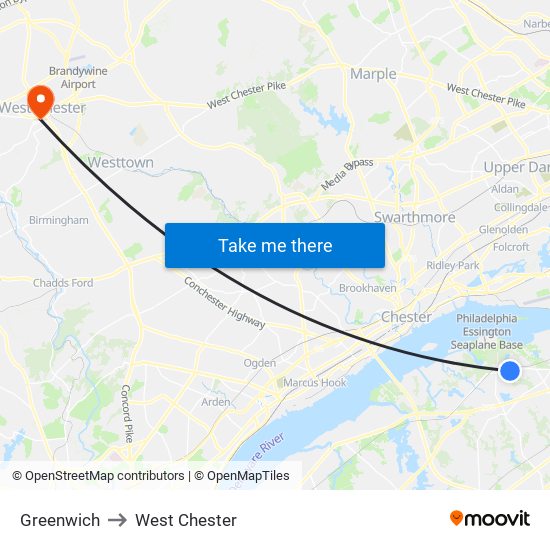 Greenwich to West Chester map