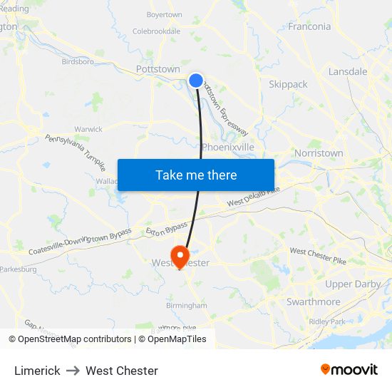Limerick to West Chester map
