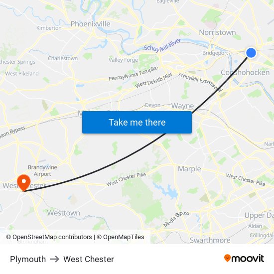 Plymouth to West Chester map