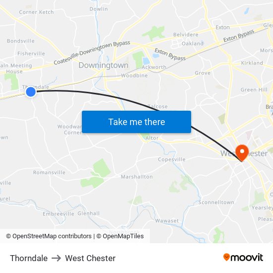 Thorndale to West Chester map