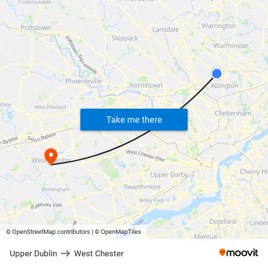 Upper Dublin to West Chester map