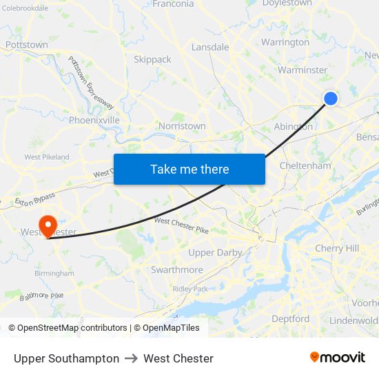 Upper Southampton to West Chester map