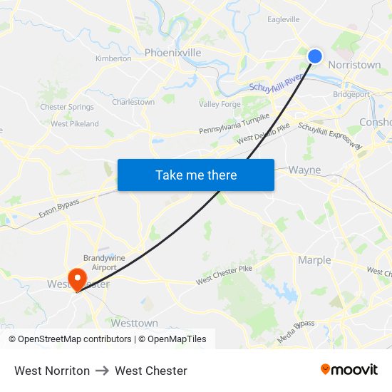 West Norriton to West Chester map