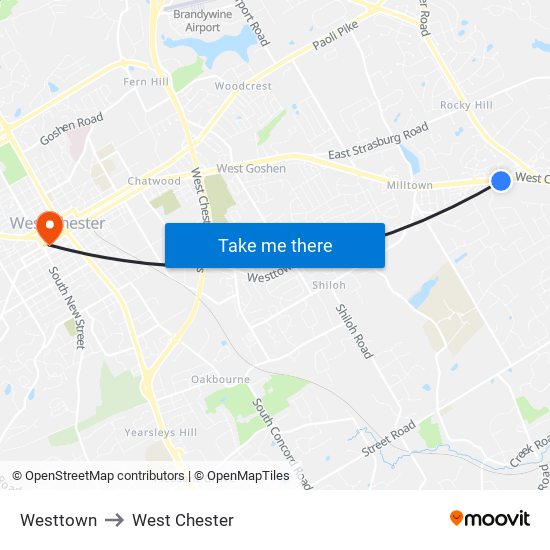 Westtown to West Chester map