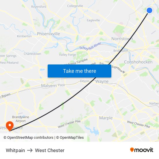 Whitpain to West Chester map