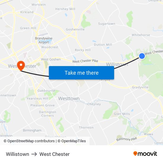 Willistown to West Chester map
