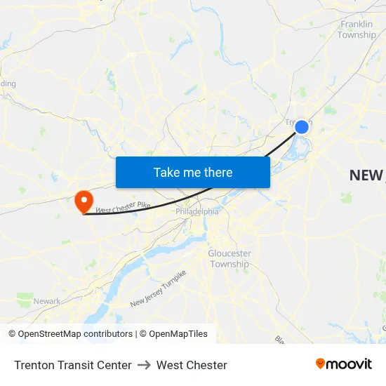 Trenton Transit Center to West Chester map