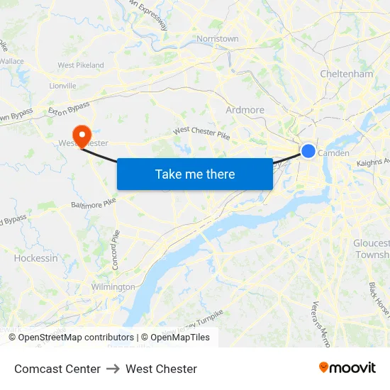 Comcast Center to West Chester map