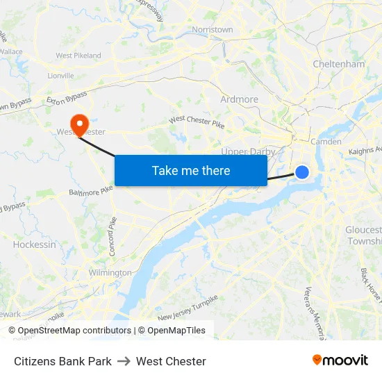 Citizens Bank Park to West Chester map