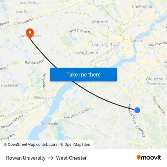 Rowan University to West Chester map