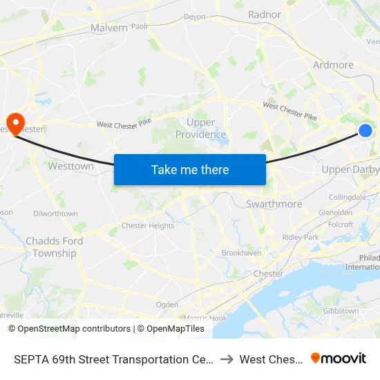 SEPTA 69th Street Transportation Center to West Chester map