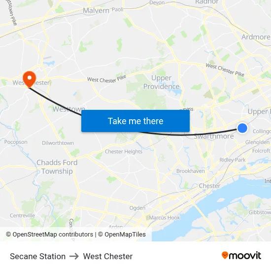 Secane Station to West Chester map