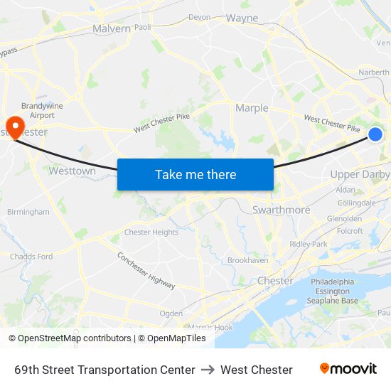 69th Street Transportation Center to West Chester map