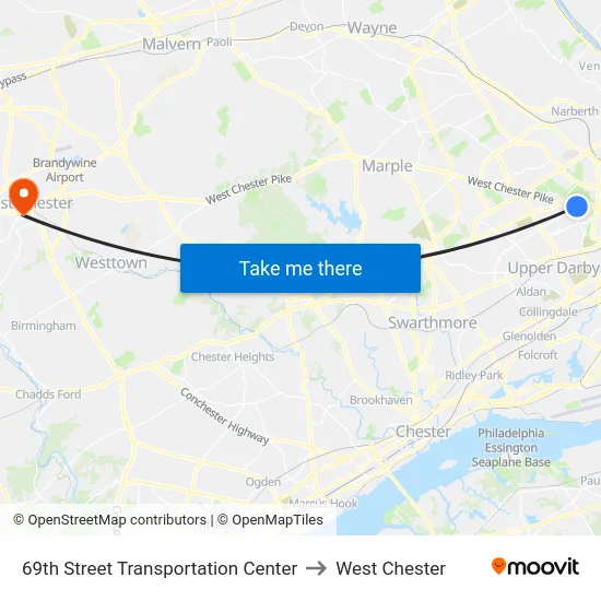69th Street Transportation Center to West Chester map
