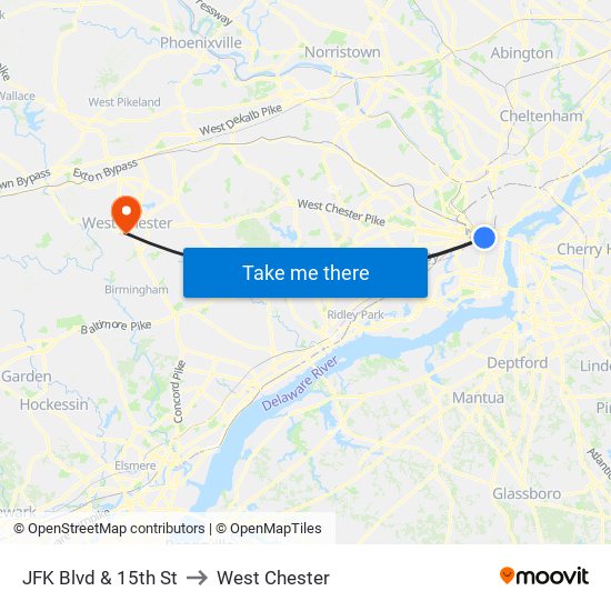 JFK Blvd & 15th St to West Chester map