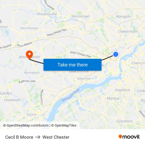 Cecil B Moore to West Chester map