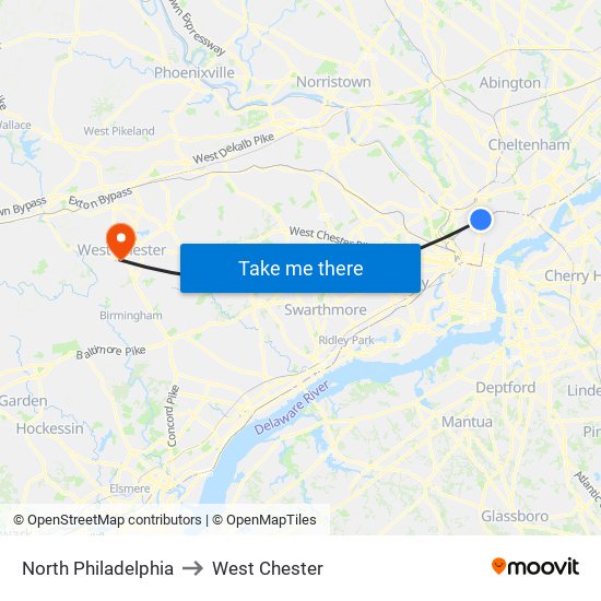 North Philadelphia to West Chester map