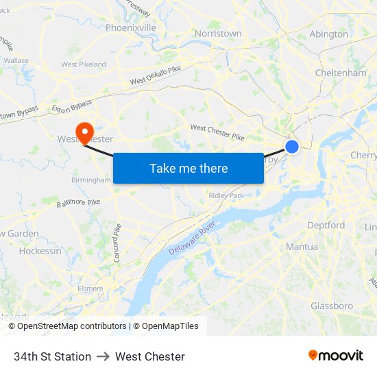34th St Station to West Chester map